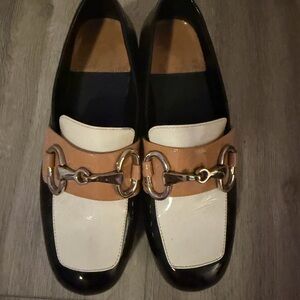 Jeffrey Campbell Student Platform Loafer Black and Tan with Gold Buckle